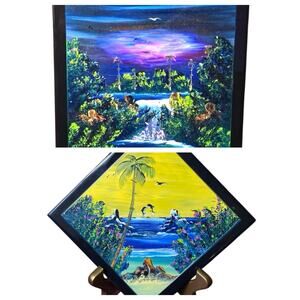 Hand Painted Tiles Tropical Palm Trees Dolphins Landscape Signed Made in Mexico
